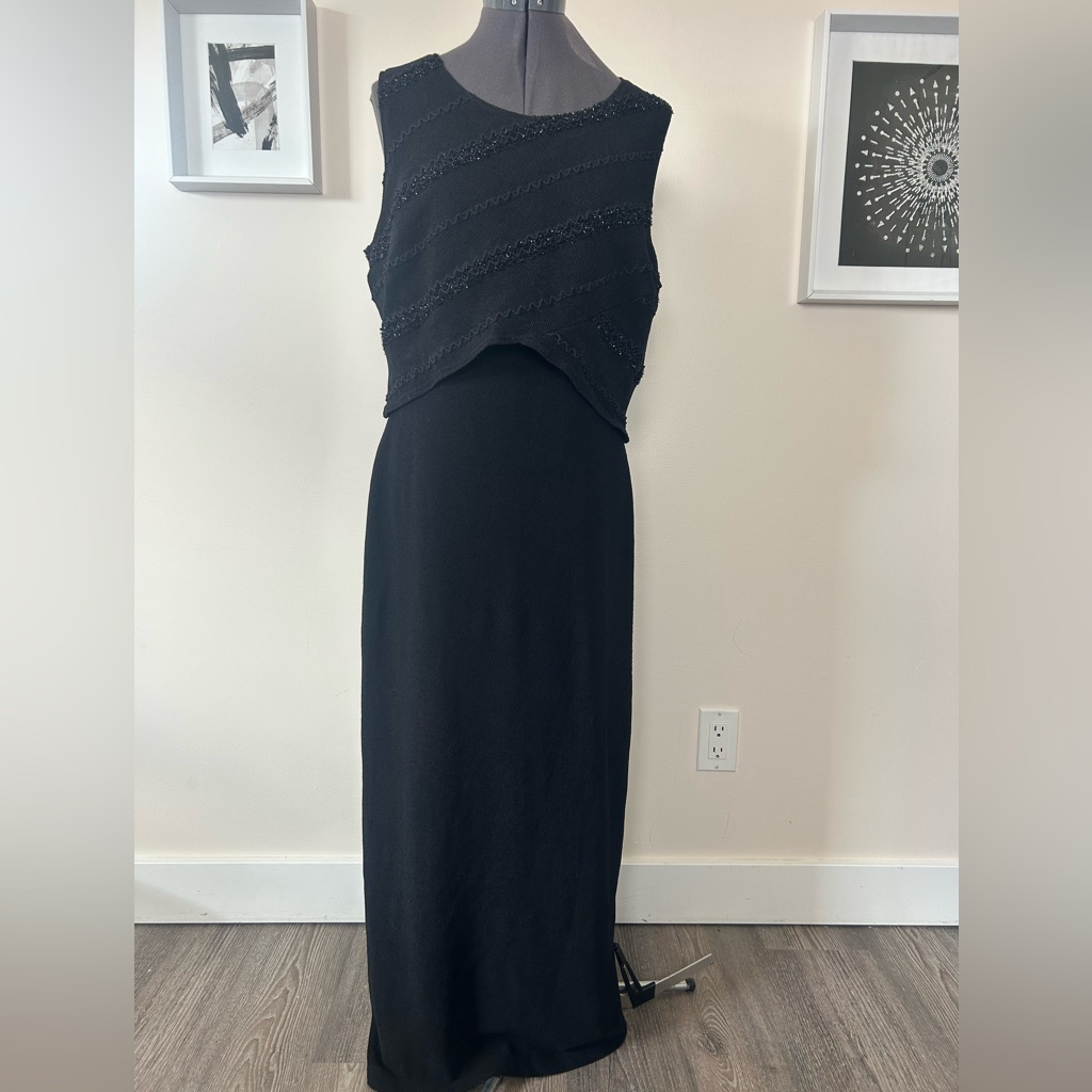 Joseph Ribkoff Black Maxi Evening Dress Beaded Tiered Overlay Xl